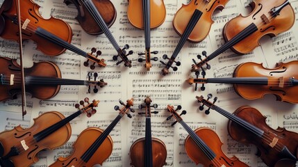 Wall Mural - Various musical instruments lie on sheet music of a symphony