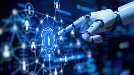 Poster - A robotic hand is reaching out to interact with a glowing digital interface showcasing various data connections and user profiles in a high-tech environment