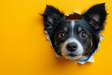 Wall Mural - A playful cute dog peering through a torn hole of paper, set against a yellow background, capturing a moment of whimsical surprise