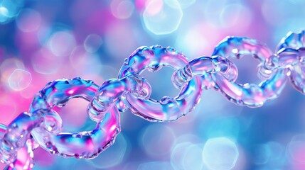 Poster - A series of transparent chain links glimmer against a vibrant bokeh backdrop filled with blue and pink hues, creating a captivating and dreamlike atmosphere in soft focus