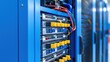 © angel_nt - A detailed view of a server rack featuring multiple storage drives and colorful cables organized within a sleek blue cabinet