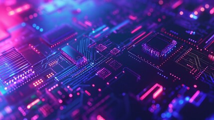 Poster - A vibrant circuit board illuminated by neon lights showcases detailed electronic components and pathways, creating a captivating design that highlights modern technology