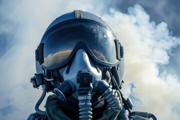 Fighter pilot is wearing a helmet and oxygen mask with smoke in the background