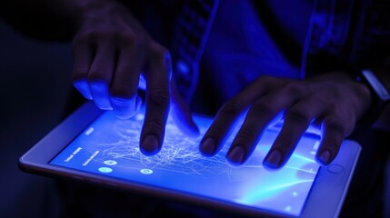 Poster - A person uses a tablet that emits vibrant blue light, tapping on intricate data visualizations against a dark background, showcasing technology and innovation