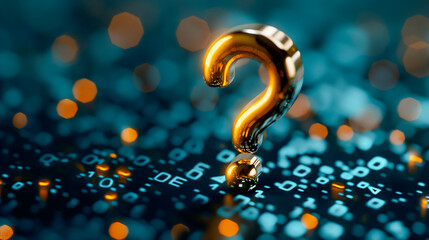 Poster - Beautifully illuminated Question Mark stands out against an abstract blue background, enhanced with a captivating bokeh effect