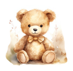 Wall Mural - PNG watercolor illustration of a cute teddy bear toy, isolated on solid background --ar 3:2