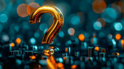 Poster - Beautifully illuminated Question Mark stands out against an abstract blue background, enhanced with a captivating bokeh effect