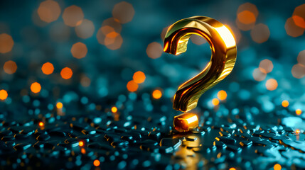 Poster - Beautifully illuminated Question Mark stands out against an abstract blue background, enhanced with a captivating bokeh effect