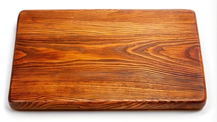 Wall Mural - Worn, rustic brown-orange stained oak wood cutting board with prominent grain pattern on a white background, ideal for adding text or rustic design elements.
