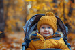 © Tetiana - Everyday care promenading with small baby in carriage stroller, city park autumn fall summer time, Generative AI