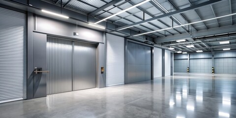  Modern industrial corridor features a sleek sliding door with a metal handle, blending functionality and minimalist design in a spacious factory or warehouse setting.