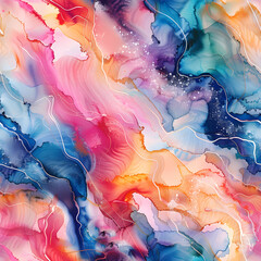 Poster - Colorful alcohol ink painting with fluid art texture, featuring pink, blue, and gold waves