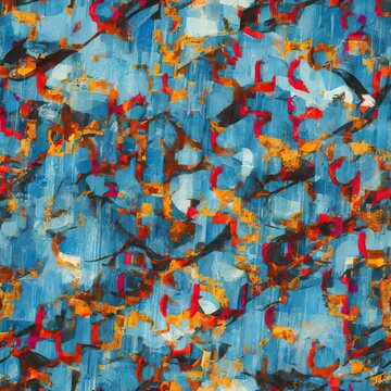 Abstract blue background with red, orange, yellow and black spots