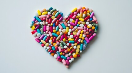 A heart made of pills is on a white background