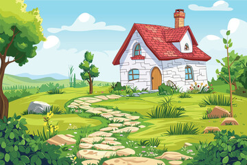 Wall Mural - Summer Countryside Rural Farm Landscape with Cute Little House, Rock Walkway. Cartoon Vector