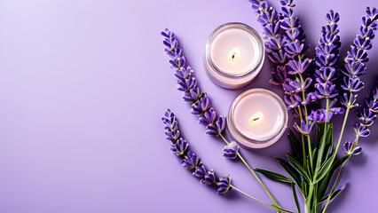 A purple background with two candles and lavender flowers