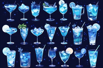 Poster - Set of 18 Blue Cocktails with Ice, Garnish and Sparkly Background.