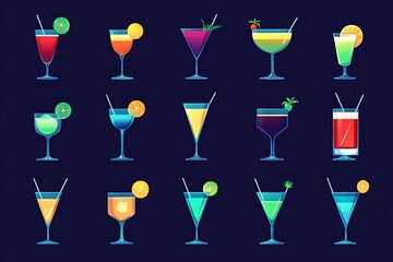 Canvas Print - Set of 18 Colorful Cocktail Drinks with Garnish.