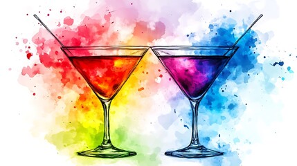 Poster - Two Watercolor Cocktails with Rainbow Background.