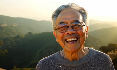 Poster - Portrait of happy senior man in eyeglasses on the great wall background