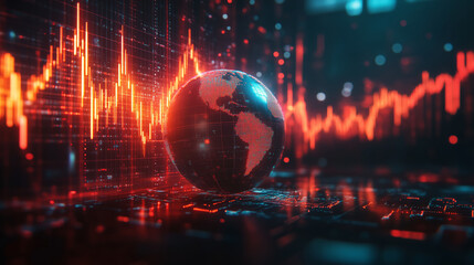 A digital globe surrounded by financial data visualizations and graphs, representing global finance and economic trends.