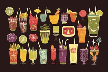 Wall Mural - Colorful Cocktail Illustration with Fruit Garnish and Straws.