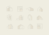 Fototapeta  - Building and house icons drawing in modern linear style on beige beige background