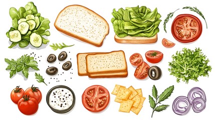 Canvas Print - Sandwich Ingredients Illustration - Fresh Vegetables, Bread, and Cheese.