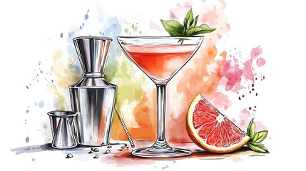 Sticker - Watercolor Illustration of a Pink Cocktail with a Grapefruit Garnish and Cocktail Shakers.