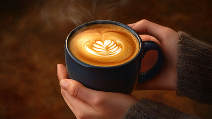 Wall Mural - Hyper-Realistic Image of Hands Holding Steaming Cup of Coffee with Latte Art, Navy Mug, Warm Cafe Background