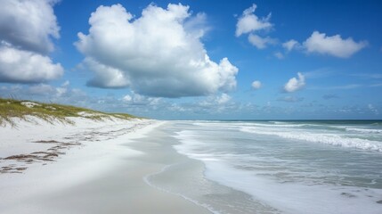 A beach with a cloudy sky in the background