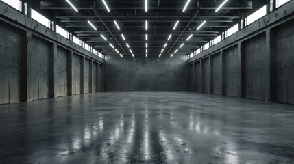 Wall Mural - Gigantic Concrete Warehouse with Horizontal Dashed Lights and Polished Floor