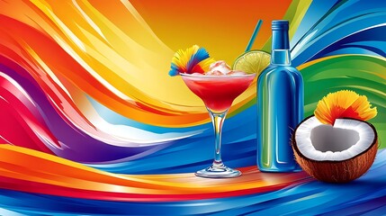 Wall Mural - Tropical Cocktail with Coconut and Colorful Abstract Background.