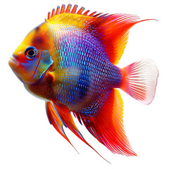 Poster - Colorful tropical fish with vibrant shades of red, blue, and yellow swimming against a clear backdrop