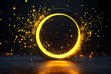 Wall Mural - Gold glitter circle of light shine sparkles and golden spark particles in circle frame on black background. Christmas magic stars glow, firework confetti of glittery ring shimmer