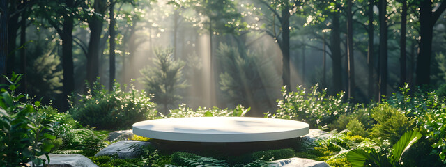 Wall Mural - 3d product display podium in the forest, white circular platform with green plants and trees around it, cinematic light, ultra-realistic photography