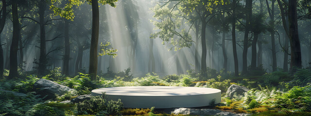 Wall Mural - 3d product display podium in the forest, white circular platform with green plants and trees around it, cinematic light, ultra-realistic photography