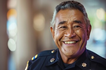 Smiling portrait of a middle aged male police officer in station