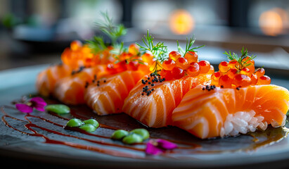 Wall Mural - A plate of sushi with a sauce and garnish. The sushi is arranged in a way that makes it look like a work of art