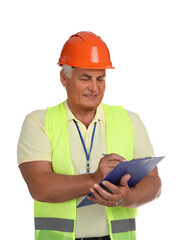 Wall Mural - Engineer in hard hat with pen and clipboard on white background