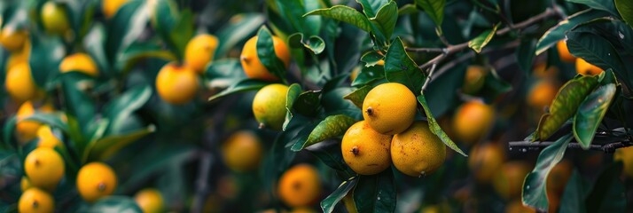 Wall Mural - Close up of ripe yellow fruits on a Yuzu bush Japanese lemon