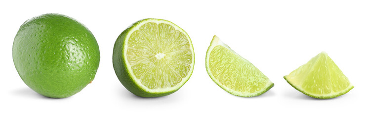 Fresh lime isolated on white, collage. Whole, half and slices