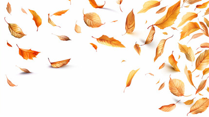 Autumn yellow and orange colorful leaves background. Isolated autumn leaves falling and drifting on a white background 