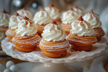 Wall Mural - Profiteroles or custard cakes with cream - popular french cousin dish, hi end kitchen