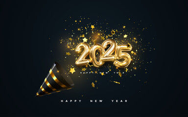 Wall Mural - Golden 2025 numbers, party popper cone and glittering confetti isolated on black background. Vector festive illustration. Holiday decoration of sparkling tinsel particles. Happy New Year party banner