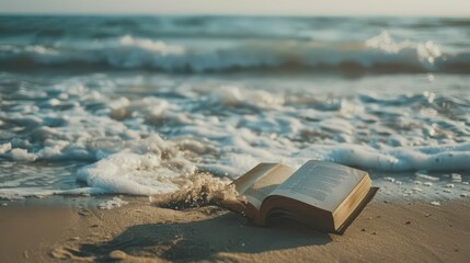 Poster - A novelist writes a mystery novel set in a seaside town with a sandy beach, where secrets unravel against the backdrop of crashing waves