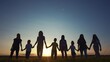 © maxximmm - big community family in the park. silhouette of a large group of people holding hands walking at sunset in a park in nature lifestyle in summer. happy family kid dream concept. big community