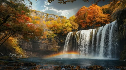 Wall Mural - waterfall hidden among trees ablaze with fall colors, with a rainbow arching over the cascading waters under a clearing storm sky during