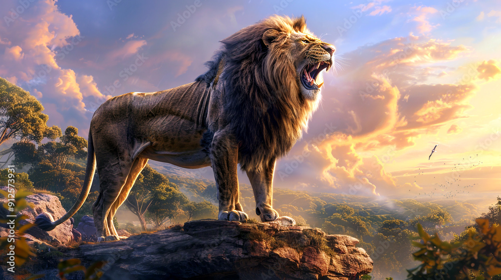 Roaring lion standing on a rock in savanna. King of the animals on ...