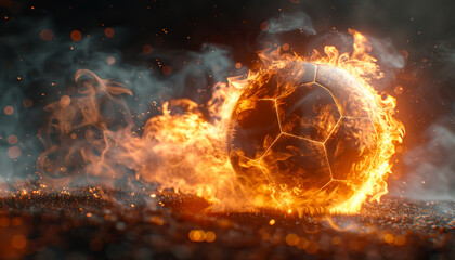 Poster - A soccer ball is on fire and surrounded by smoke. Concept of danger and destruction